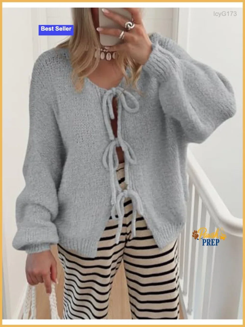 Chunky Cable Knit Tie Front Bow Cardigan, Oversized Puff Sleeve Open Front